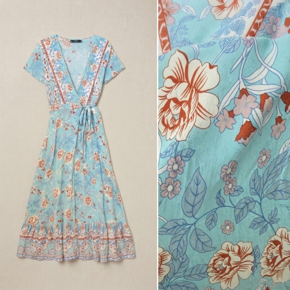Medium Floral Wrap Midi Dress Blue Boho Short Sleeve V-Neck Cottage Beach Resort